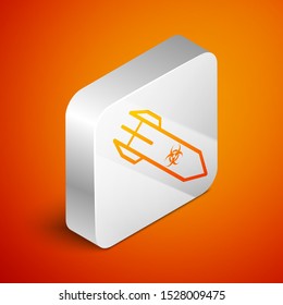 Isometric Biohazard rocket icon isolated on orange background. Rocket bomb flies down. Silver square button. Vector Illustration