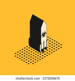 Isometric Biohazard rocket icon isolated on yellow background. Rocket bomb flies down.  Vector Illustration