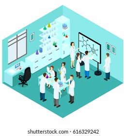 Isometric biological science laboratory template with group of working scientists furniture and scientific equipment vector illustration