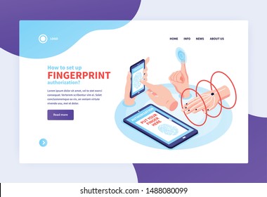 Isometric biometric identification concept banner web site landing page with clickable links and human hand images vector illustration svg