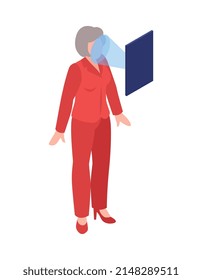 Isometric biometric identification face recognition icon with womans face being scanned vector illustration