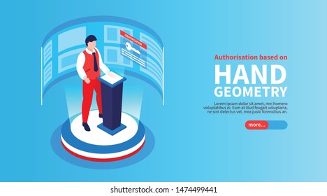 Isometric biometric identification horizontal banner with button text and male human character scanning his hand fingerprints vector illustration