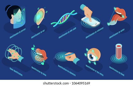 Isometric biometric identification set with face ear dna reference saliva hand voice signature retina blood recognition isolated vector illustration Isometric biometric identification set with face ear dna reference saliva hand voice signature retina blood recognition isolated vector illustration