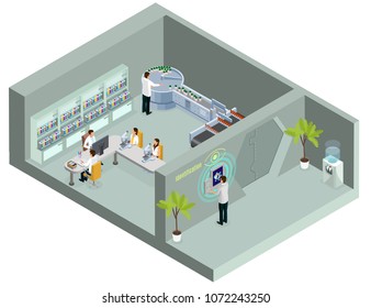 Isometric biometric identification template with scientist using retina authentication for laboratory access isolated vector illustration