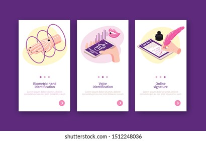 Isometric biometric identification vertical banners set with page switch buttons and images of human fingerprints signatures vector illustration