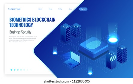Isometric Biometrics Blockchain Technology and Finger Print Scanning Identification System. Biometric Authorization and Business Security Concept.