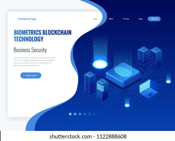 Isometric Biometrics Blockchain Technology and Finger Print Scanning Identification System. Biometric Authorization and Business Security Concept.