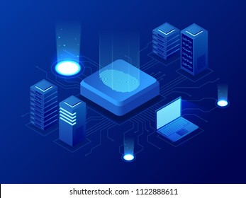 Isometrische Biometrie-Blockchain-Technologie und Fingerabdruck-Identifizierungssystem. Biometrische Autorisierung und Business Security Konzept.