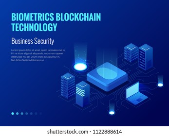 Isometric Biometrics Blockchain Technology and Finger Print Scanning Identification System. Biometric Authorization and Business Security Concept.