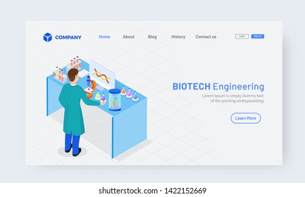 Diseño de página de inicio de Ingeniería biométrica en biotecnología con ilustración de un científico haciendo investigación sobre ADN.