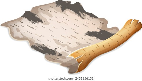 Isometric birch bark of magic spells and witchcraft, royal scroll and parchment, old paper for computer game. Fairy tale manuscript in cartoon style. Isolated vector illustration.