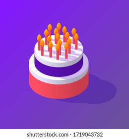 Isometric birthday cake. Element for birthday party picture or invitation. Sweet cake vector illustration. Delicious desert for birthday illustration.