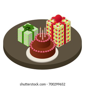 Isometric birthday cake with three candles and two gift boxes which are wrapped with red and green packages