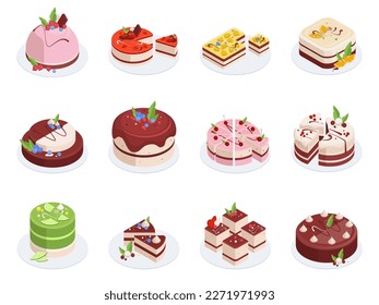 Isometric Birthday cakes. Festive cake with chocolate or vanilla frosting and fruits, birthday party baked cakes 3d vector illustration set. Sweet pastry cakes