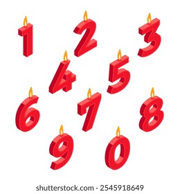 Isometric Birthday candles. Anniversary candles for festive cake, candles in form of numbers for Birthday celebration 3d vector illustration set. HB party candles