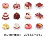 Isometric birthday event tasty strawberry, vanilla, chocolate cakes. Delicious 3d frosted party cakes vector illustration set. Sweet birthday cakes. Tasty birthday food, dessert and cake