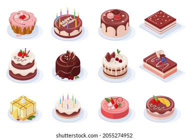 Isometric birthday event tasty strawberry, vanilla, chocolate cakes. Delicious 3d frosted party cakes vector illustration set. Sweet birthday cakes. Tasty birthday food, dessert and cake - Shutterstock ID 2055274952