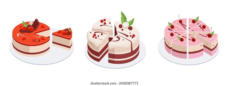 Isometric Birthday party cakes. Cakes with chocolate or vanilla frosting and berries, Birthday baked cakes 3d vector illustration set. Sweet pastry cakes