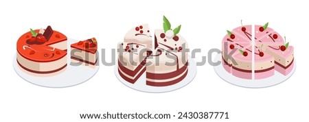 Isometric Birthday party cakes. Cakes with chocolate or vanilla frosting and berries, Birthday baked cakes 3d vector illustration set. Sweet pastry cakes