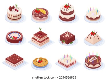 Isometric birthday party delicious chocolate glaze cakes. Chocolate, strawberry or vanilla cream party event tasty cakes vector illustration set. Pastry sweet. Bakery delicious with cream and cherry