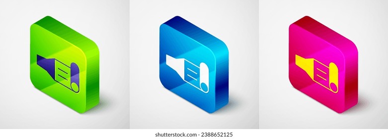 Isometric Birthday party horn icon isolated on grey background. Square button. Vector