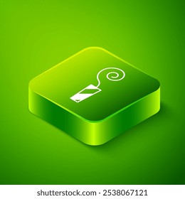 Isometric Birthday party horn icon isolated on green background. Green square button. Vector