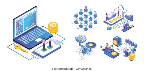 Isometric Bitcoin, Bitcoin Analysis, Bitcoin Exchange Rate,  Mining,  Transactions Cryptocurrency, Blockchain Cryptocurrency Landing Page Template