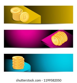 Isometric Bitcoin Banner set on bright gradient background, Vector Illustration