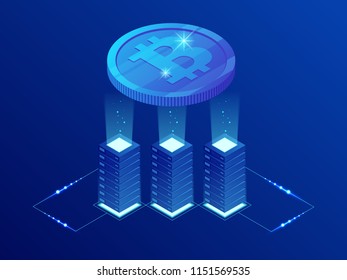 Isometric Bitcoin BIT Cryptocurrency mining farm. Blockchain technology, cryptocurrency and a digital payment network for financial transactions. Abstract blue background.
