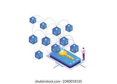 Página de aterrizaje Isometric Bitcoin Blockchain Key