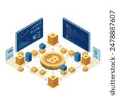 Isometric Bitcoin with Blockchain Technology Network Nodes and Data Analysis on Monitors. Bitcoin and Blockchain Technology