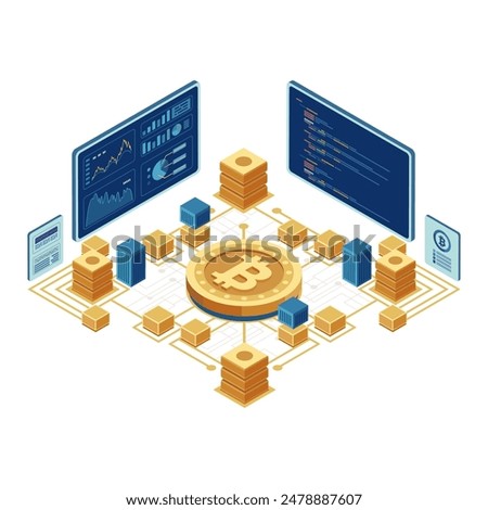 Isometric Bitcoin with Blockchain Technology Network Nodes and Data Analysis on Monitors. Bitcoin and Blockchain Technology