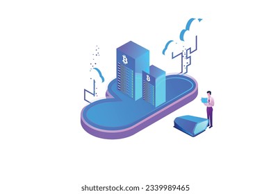 Isometric Bitcoin Cloud Services Concept Langding