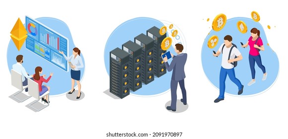 Isometric Bitcoin Crypto Currency Mining Farm. Server Room, Bitcoin Mining, Supercomputing. Cryptocurrency, Blockchain