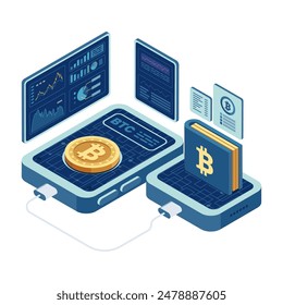 Isometric Bitcoin Cryptocurrency Hardware Wallet and Trading Interface Graphic. Bitcoin Hardward Wallet and Cryptocurrency Security Concept