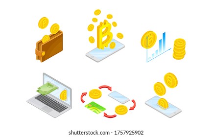 Isometric Bitcoin Currency Gold Coins Exchange Scheme and Profit Chart Vector Set