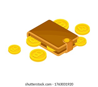 Isometric Bitcoin Gold Coins Stored in Brown Wallet Vector Illustration