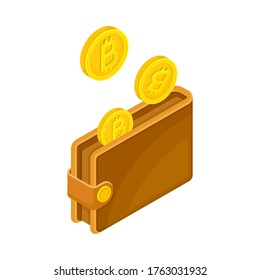 Isometric Bitcoin Gold Coins Stored In Brown Wallet Vector Illustration