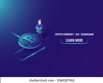 Isometric bitcoin investment and mining, cryptocurrency buy web page vector illustration