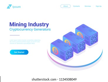 Isometric Bitcoin Miners Computers website vector banner design. Mining Industry Cryptocurrency illustration concept.