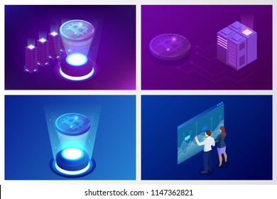 Isometric bitcoin mining concept. Cryptocurrency and Blockchain concept. Farm for mining bitcoins. Digital money market, investment, finance and trading. Vector illustration