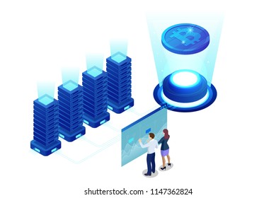 Isometric bitcoin mining concept. Cryptocurrency and Blockchain concept. Farm for mining bitcoins. Digital money market, investment, finance and trading. Vector illustration