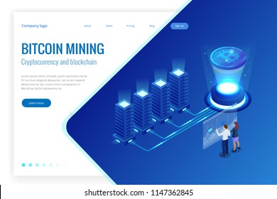 Isometric bitcoin mining concept. Cryptocurrency and Blockchain concept. Farm for mining bitcoins. Digital money market, investment, finance and trading. Vector illustration