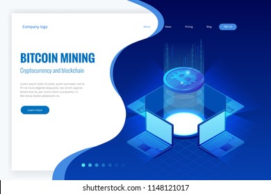 Isometric bitcoin mining concept. Cryptocurrency and Blockchain concept. Farm for mining bitcoins. Digital money market, investment, finance and trading. Vector illustration