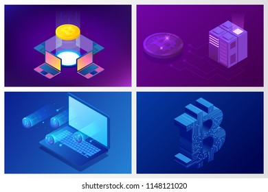 Isometric bitcoin mining concept. Cryptocurrency and Blockchain concept. Farm for mining bitcoins. Digital money market, investment, finance and trading. Vector illustration