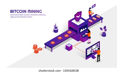Isometric bitcoin mining concept, Cryptocurrency background