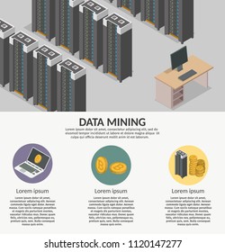 Isometric Bitcoin mining farm concept 3d infographics.