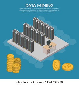 Isometric Bitcoin mining farm concept 3d background.