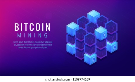 Isometrisches Bitcoin-Minen-Landing-Page-Konzept. GPU-Bergbaubetrieb, Kryptowährungs-Bergbaugemeinde. Bitcoin Miner Hardware und Software auf ultra-violettem Hintergrund. Vektorgrafik 3D isometrische Abbildung.