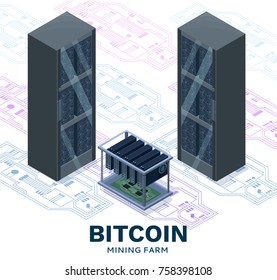 Isometric bitcoin mining farm, video circuit and server, computer, cryptocurrency mining concept, financial isometric 3d vector illustration